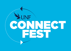 UNF Logo with Connect Fest in white letters with blue background and two arrows