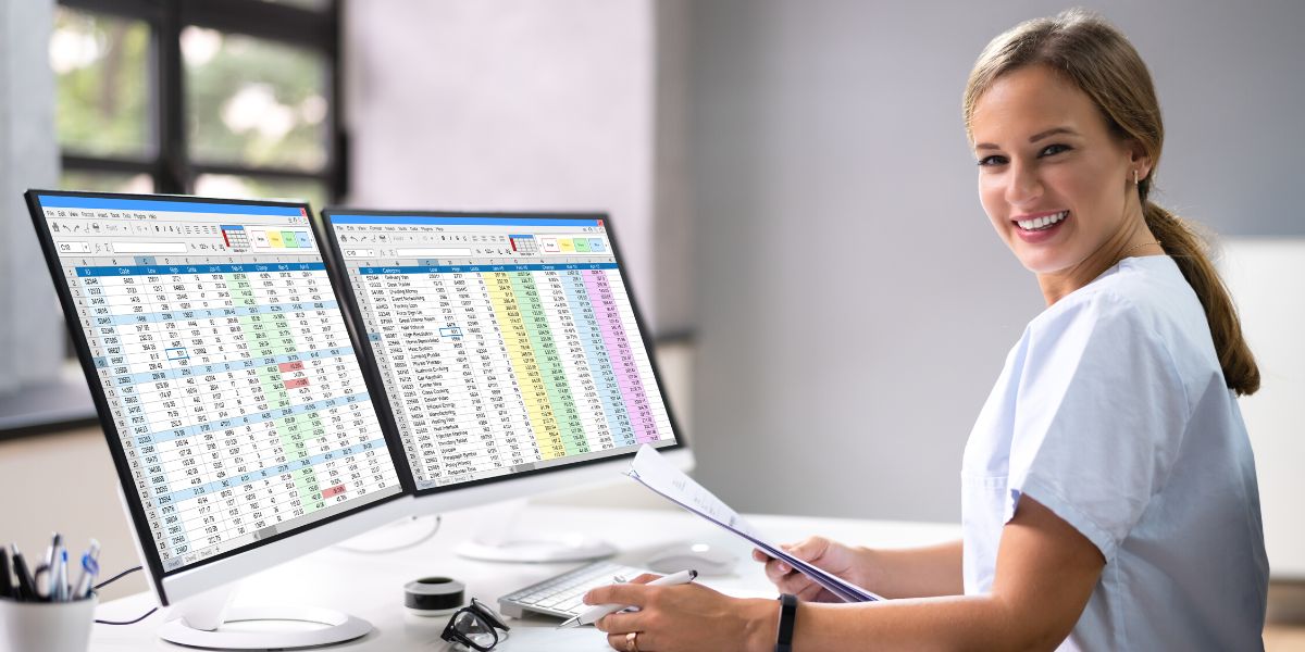 Woman working with spreadsheets
