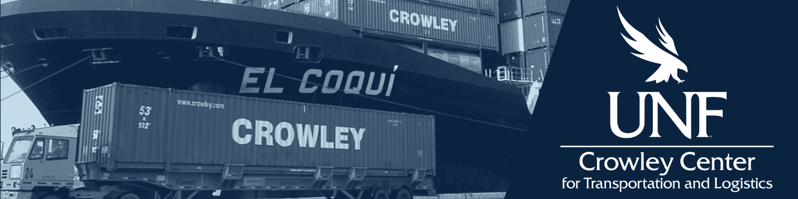 Crowley Ships at port, UNF Crowley Center for Transportation and Logistics logo