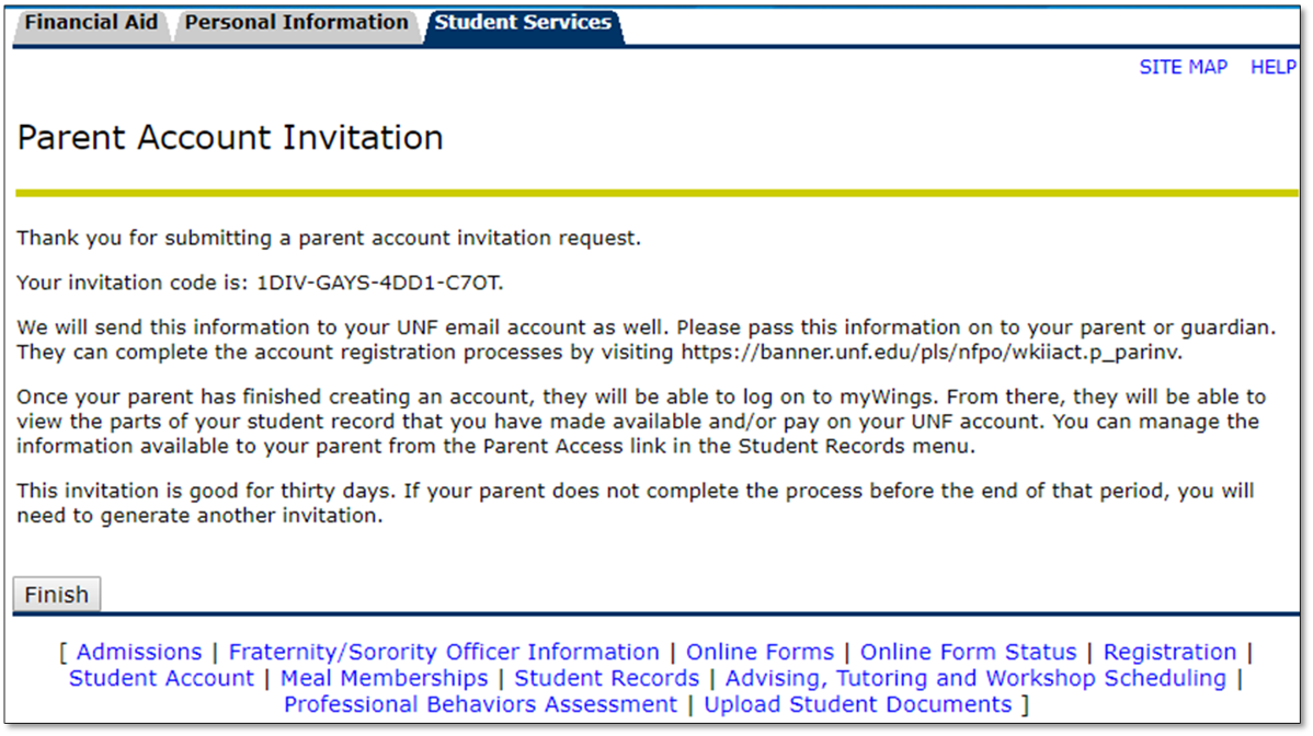 Screen Capture of Parent Account Invitation Page After Request Submission