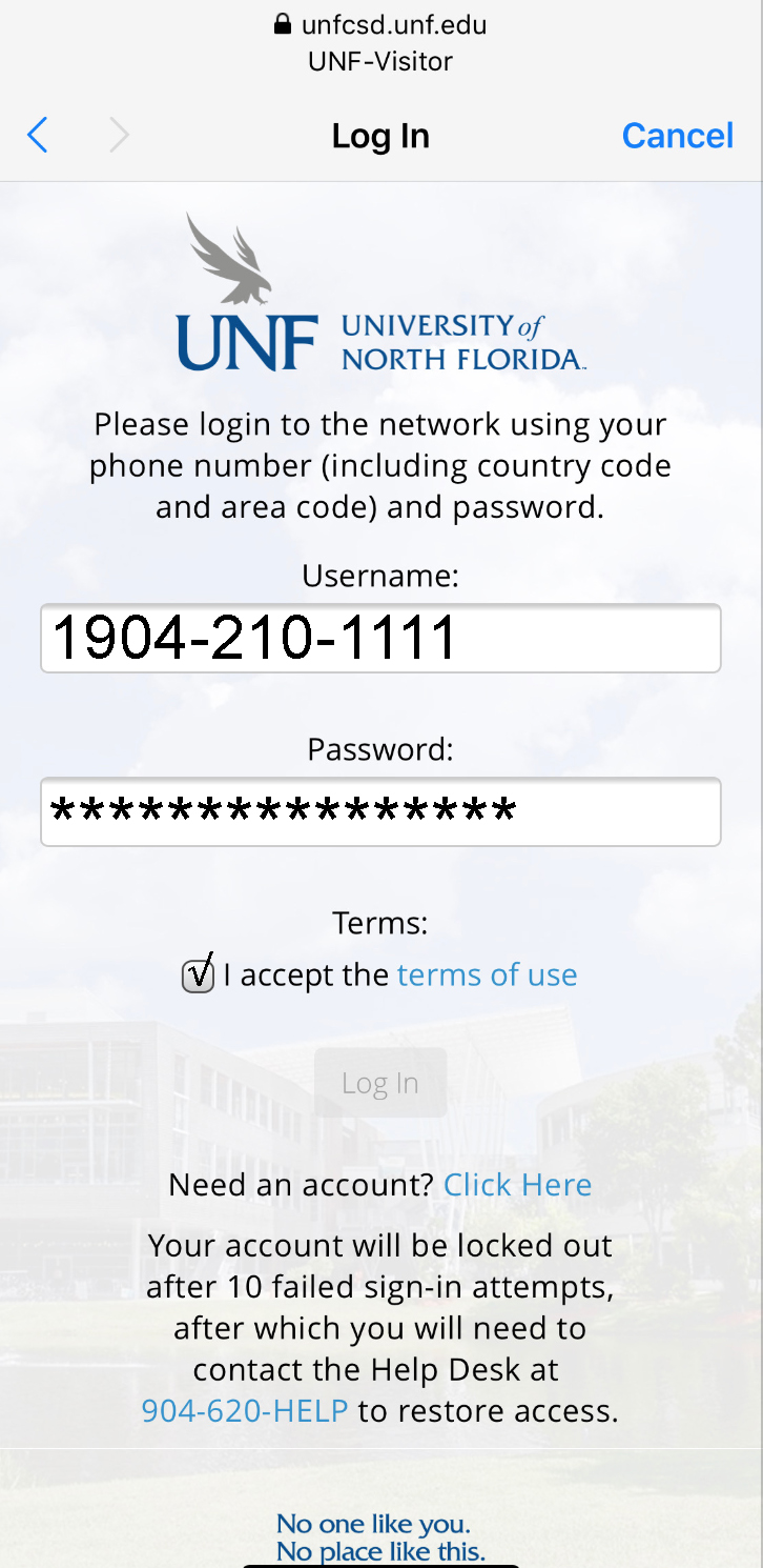 UNF Visitor wireless login user name and password