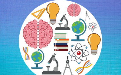 White circle on a blue gradient background, containing clip art of light bulbs, brains, microscopes, books, atoms, and compasses.