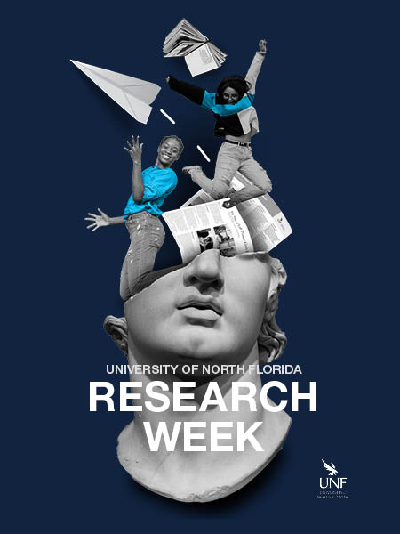 Research Week Graphic - Broken Bust with posters, a book, two girls, and paper air plane