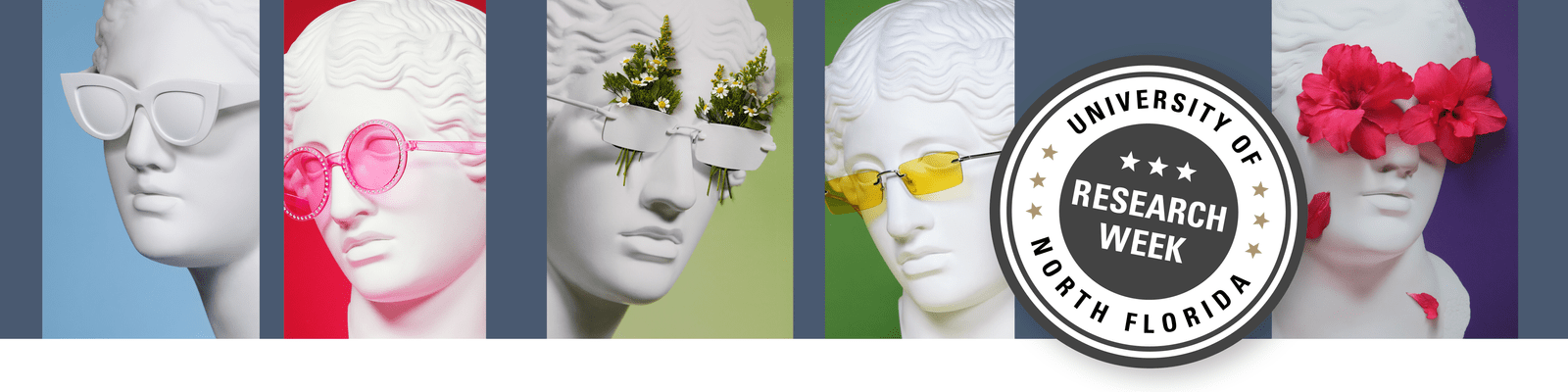 five statues in sunglasses and univeristy of north florida research week logo