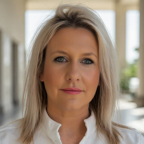 White female with blonde hair and blue eyes looking into camera