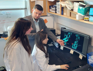 Professor working with two students on computer