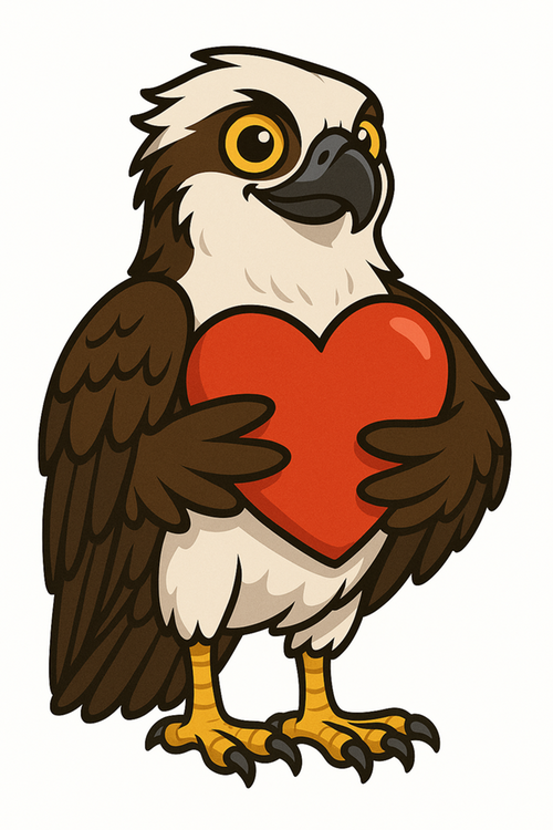 Cartoon osprey holding red heart