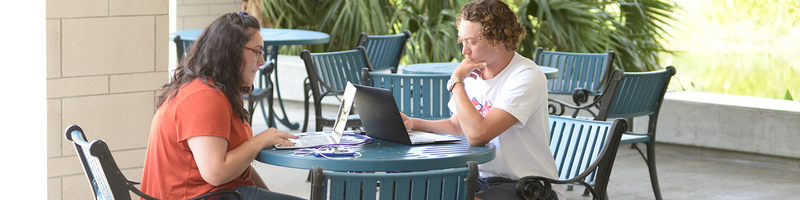 Two students working on their laptops sitting outside.