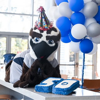 Ozzie Osprey lays behind '50' cake with baloons