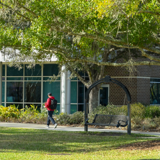 Photo of campus, tree in forefront, student walking in front of blue building