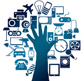 A hand reaching for various icons. This image represents the large amount of information available online.