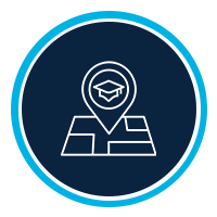 map icon with pinpoint in center and graduate cap