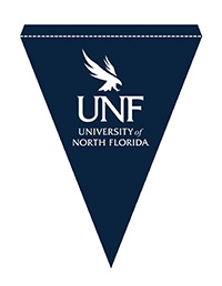 click to download blue cutout pennant with white UNF logo