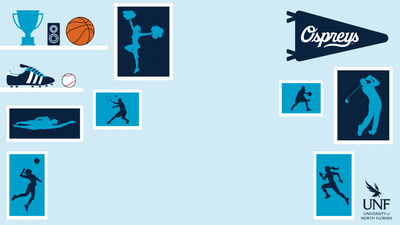 click to download desktop wallpaper of a light cyan background with various sports related graphic in UNF colors