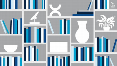 click to download desktop wallpaper of a graphically designed bookcase in the UNF colors