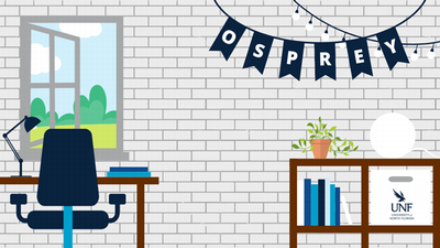 click to download desktop wallpaper of a rendering of a students dorm room with a banner that says Osprey