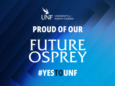 click to download yard sign of UNF logo on a blue gradient background with text of proud of our future osprey #YESTOUNF