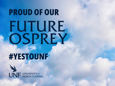 click to download yard sign of UNF logo on a background of clouds and sky with text of proud of our future osprey #YESTOUNF