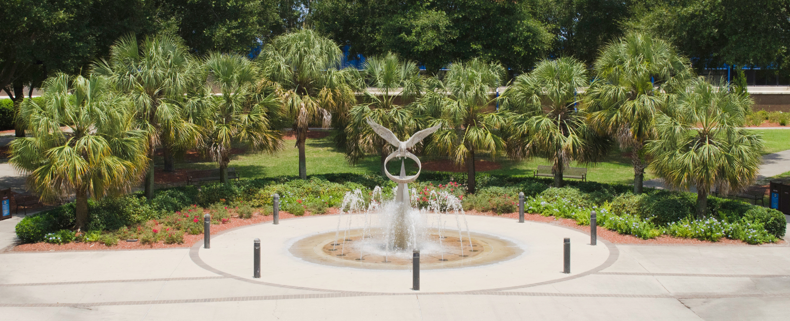UNF osprey fountain on campus surrounded by greenery and palm trees