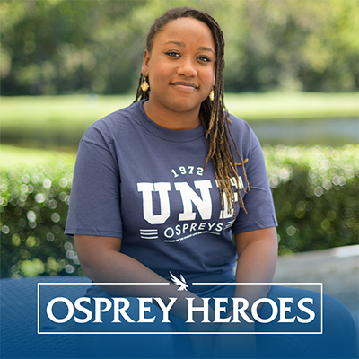 Headshot of Yvonne Barnes in a UNF t-shirt with text Osprey Heroes
