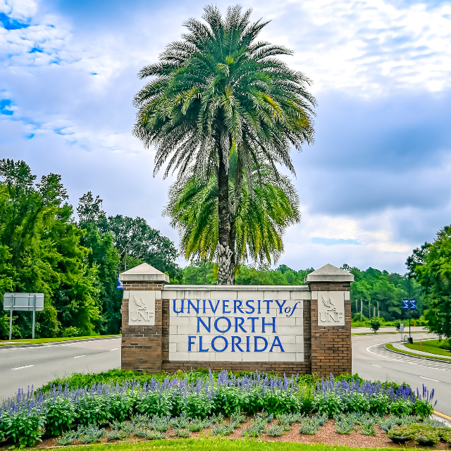 The University of North Florida large sign as you enter campus