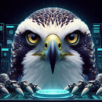 Digital generated osprey with talons about to push the blue button