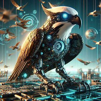Cyborg Osprey with glowing blue eye standing on electrical circuits
