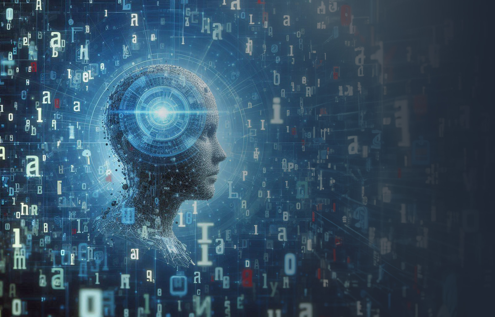 AI-generated image of a digital head in an abstract background with letters in space