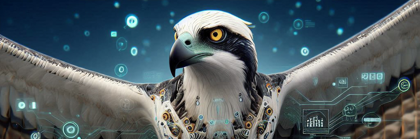 digital osprey soaring in a virtual background