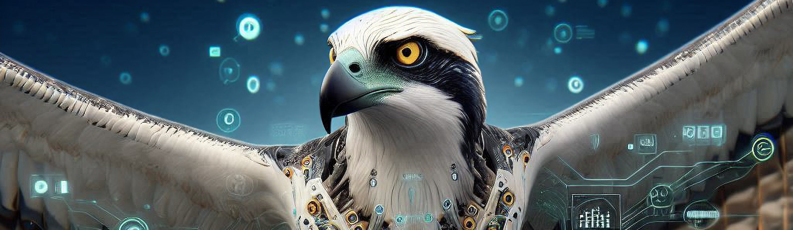digital osprey soaring in a virtual background