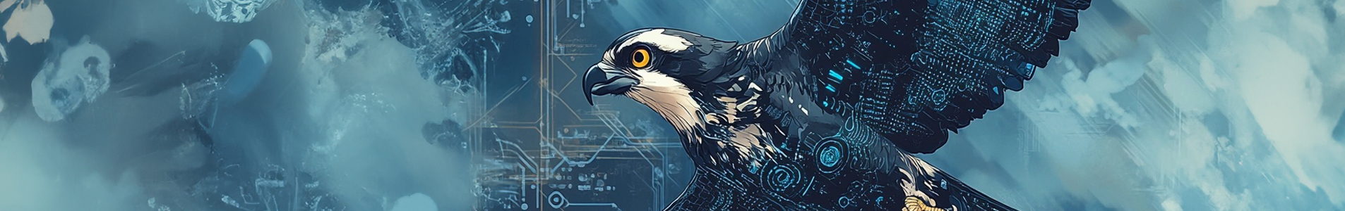 Artistic rendering of osprey over abstract blue background of digital circuits and paint swabs, generated with Steampunk, 2024.