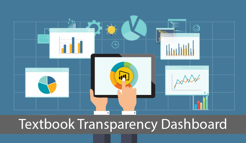 textbook transparency dashboard with graphs and someone pointing at a tablet