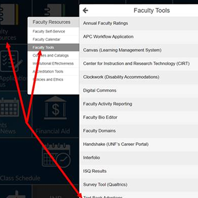 red arrows pointing to faculty resources under faculty tools in mywings
