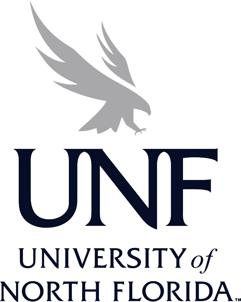 Vertical UNF blue and grey logo with University of North Florida text