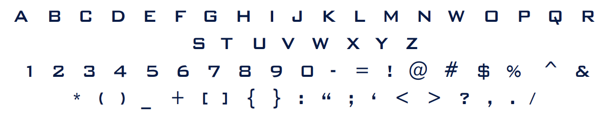 A specimen of the Bank Gothic typeface that includes a list of English characters, numbers and symbols.