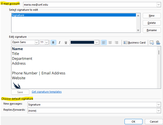 Email account highlighted and Choose default signature dialog box