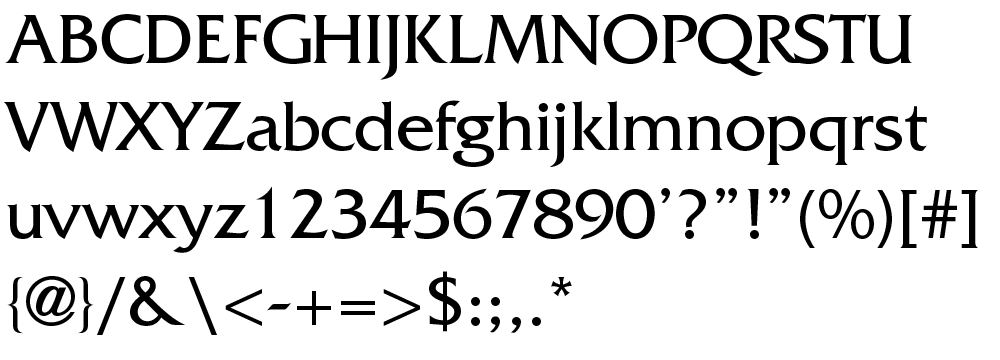 A specimen of the friz quadrata typeface that includes a list of English characters, numbers and symbols.