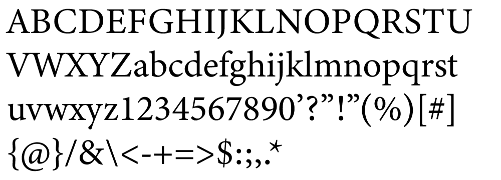 A specimen of the Minion typeface that includes a list of English characters, numbers and symbols.