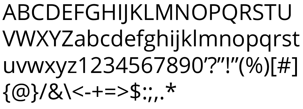 A specimen of the Open Sans typeface that includes a list of English characters, numbers and symbols.