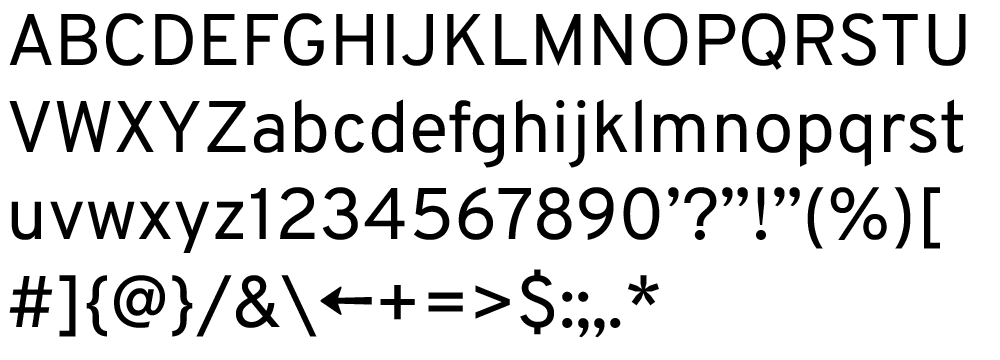 A specimen of the Overpass typeface that includes a list of English characters, numbers and symbols.