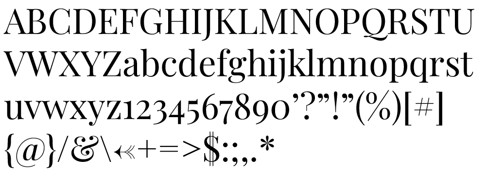 A specimen of the Playfair script typeface that includes a list of English characters, numbers and symbols.