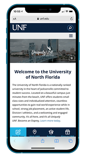 mobile iphone displaying the university or north florida website homepage unf.edu