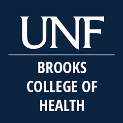White text of UNF Brooks College of Health on dark blue background