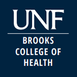 White text of UNF BROOKS COLLEGE OF HEALTH on blue background
