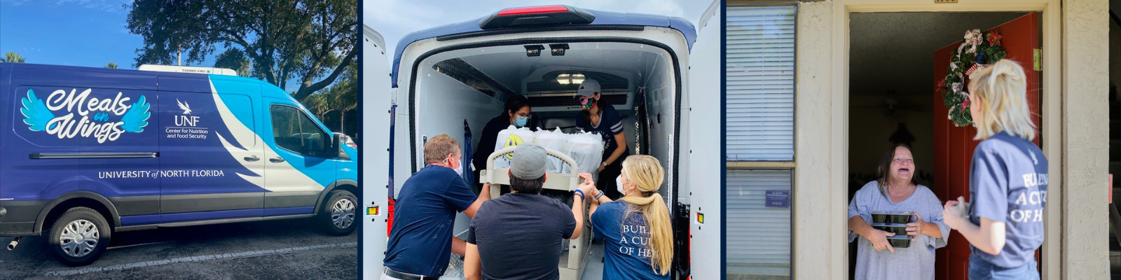 Meals on Wings delivery van, packing the van, and delivering food