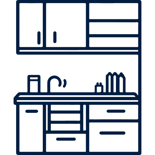Line art of a kitchen counter and cabinets