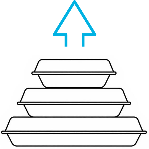 3 trays increaing in size with a blue arrow on top