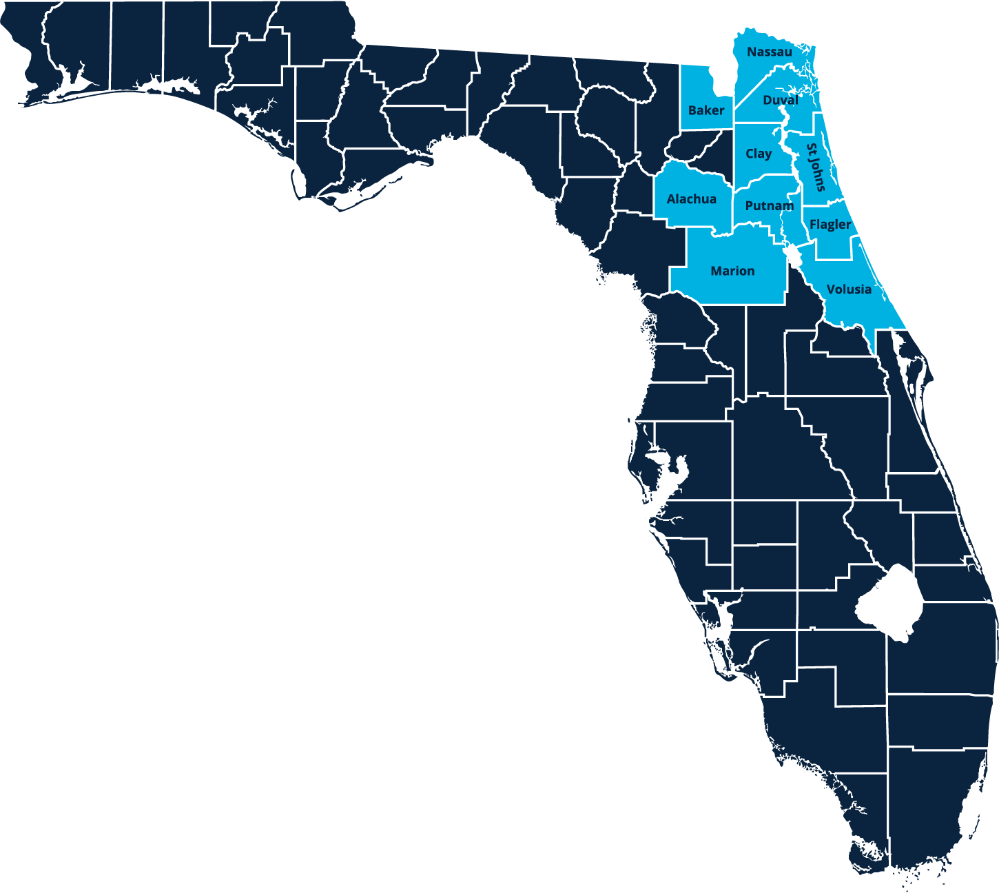 florida map highlighting nassau duval baker clay st johns alachua putnam flagler marion volusia counties
