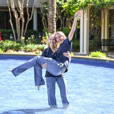 Two nursing students in the BCH fountain