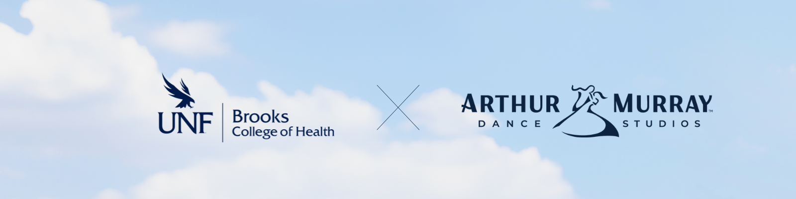 Brooks College of Health and Arthur Murray Dance Studios Logo on a cloud background. 